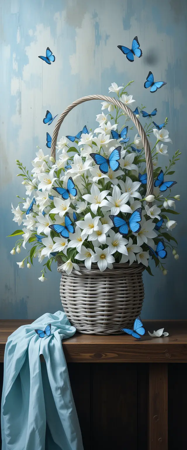 Stillleben mit weißen Blumen im geflochtenen Korb