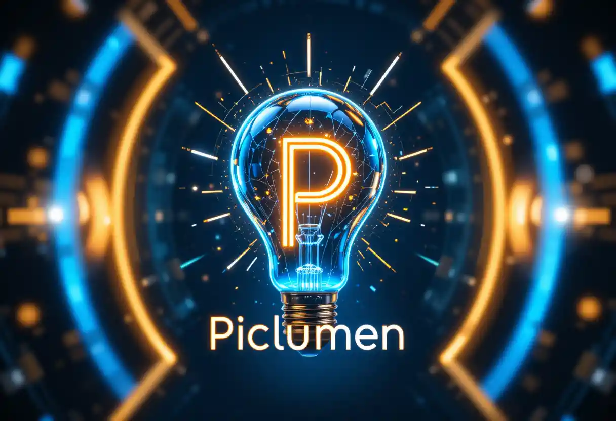Futuristic glowing light bulb logo with digital pixels