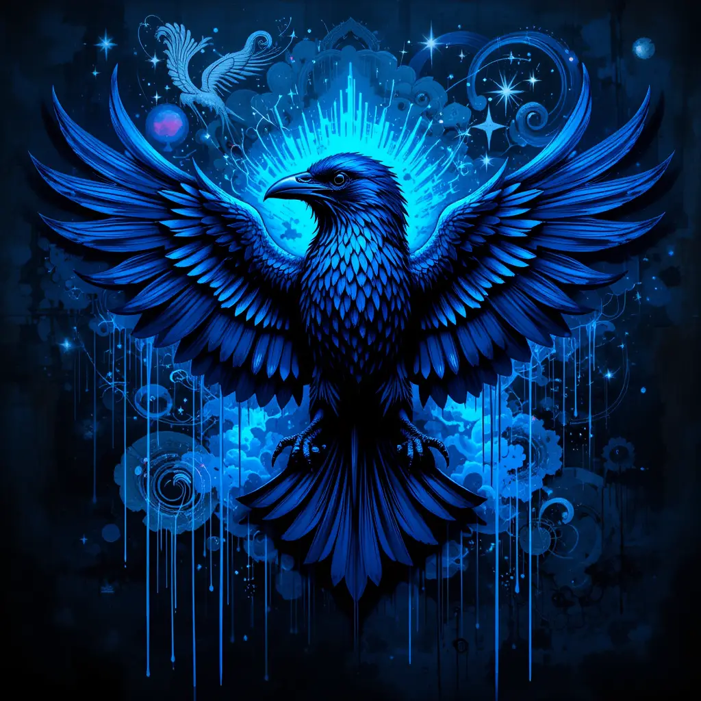 Emblema de corvo em grafite com fundo urbano celestial