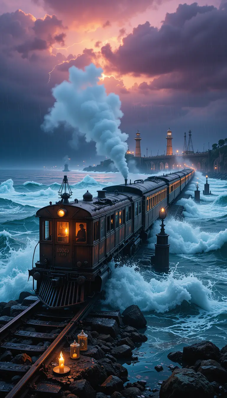 Vintage train crossing broken rails above a stormy sea