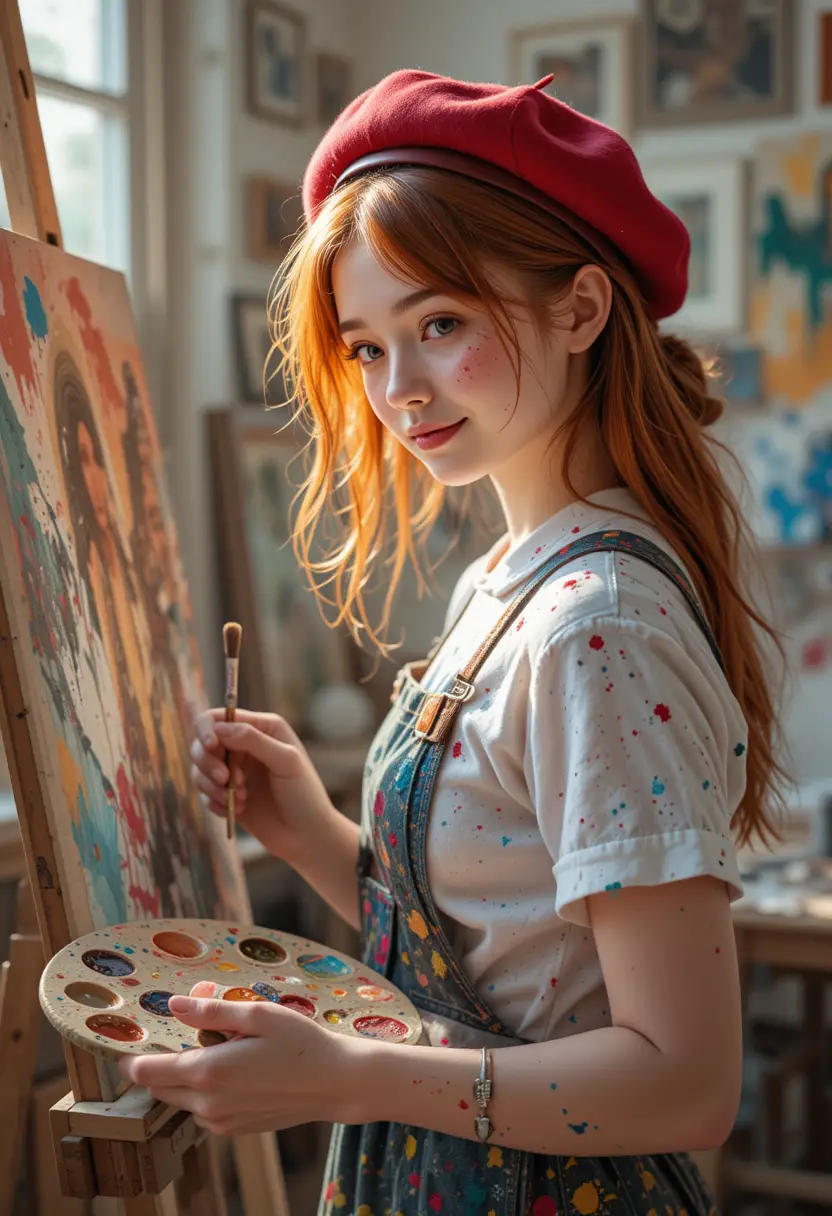 Fille rousse peignant son autoportrait en studio