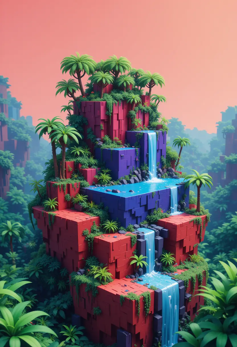 Plataformas de selva em voxel com palmeiras e cachoeira