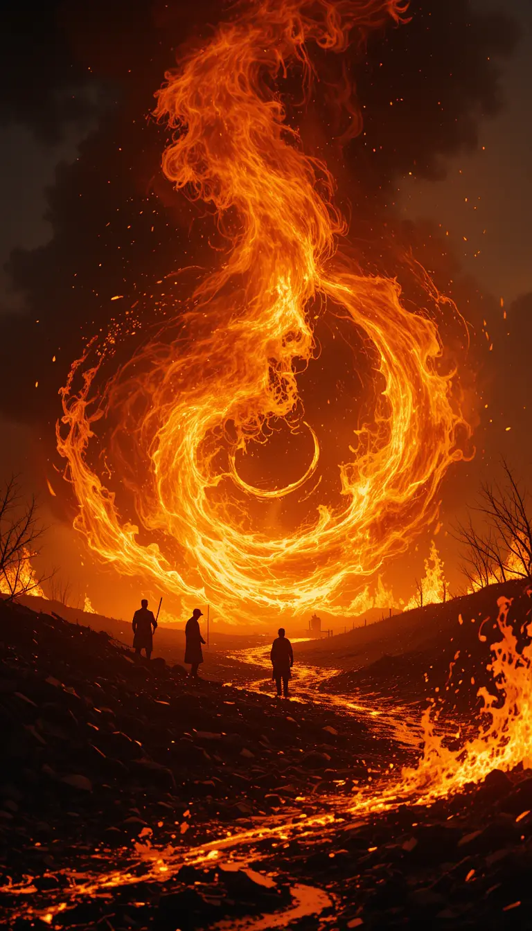 Apokalyptisches Waldfeuer mit wirbelnden Flammen und brennender Landschaft