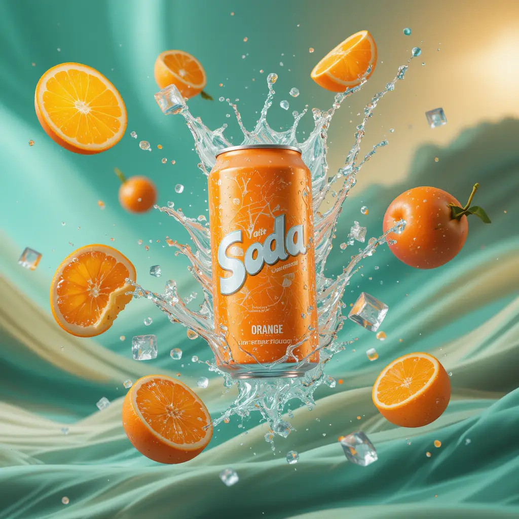 Lattina di aranciata con acqua spruzzata e ghiaccio in movimento