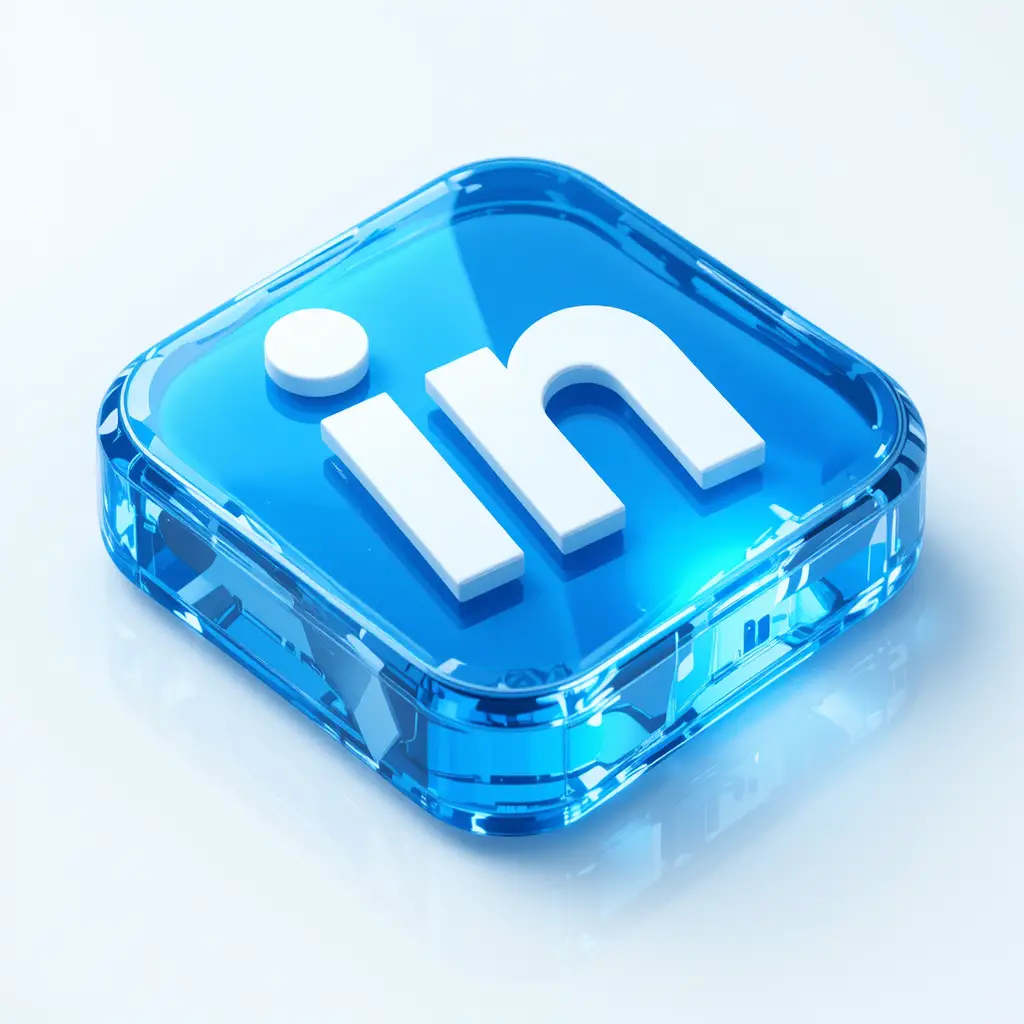 Isometrisches App‑Icon im gläsernen LinkedIn‑Stil auf weißem Hintergrund