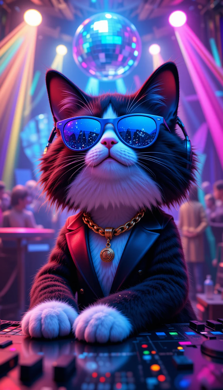 Gato DJ de smoking estiloso em clube de neon