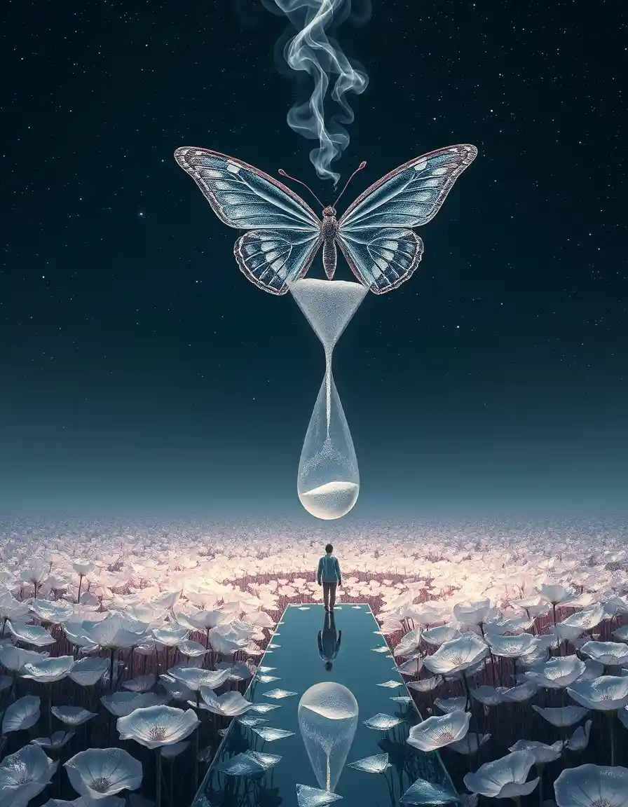 Surreal Hourglass Floating Above A Translucent Flower Field