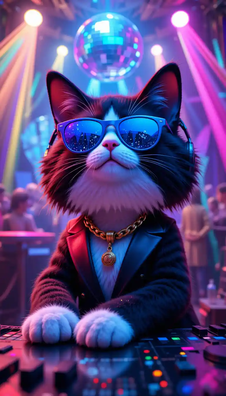 Cool tuxedo dj cat in neon disco club scene