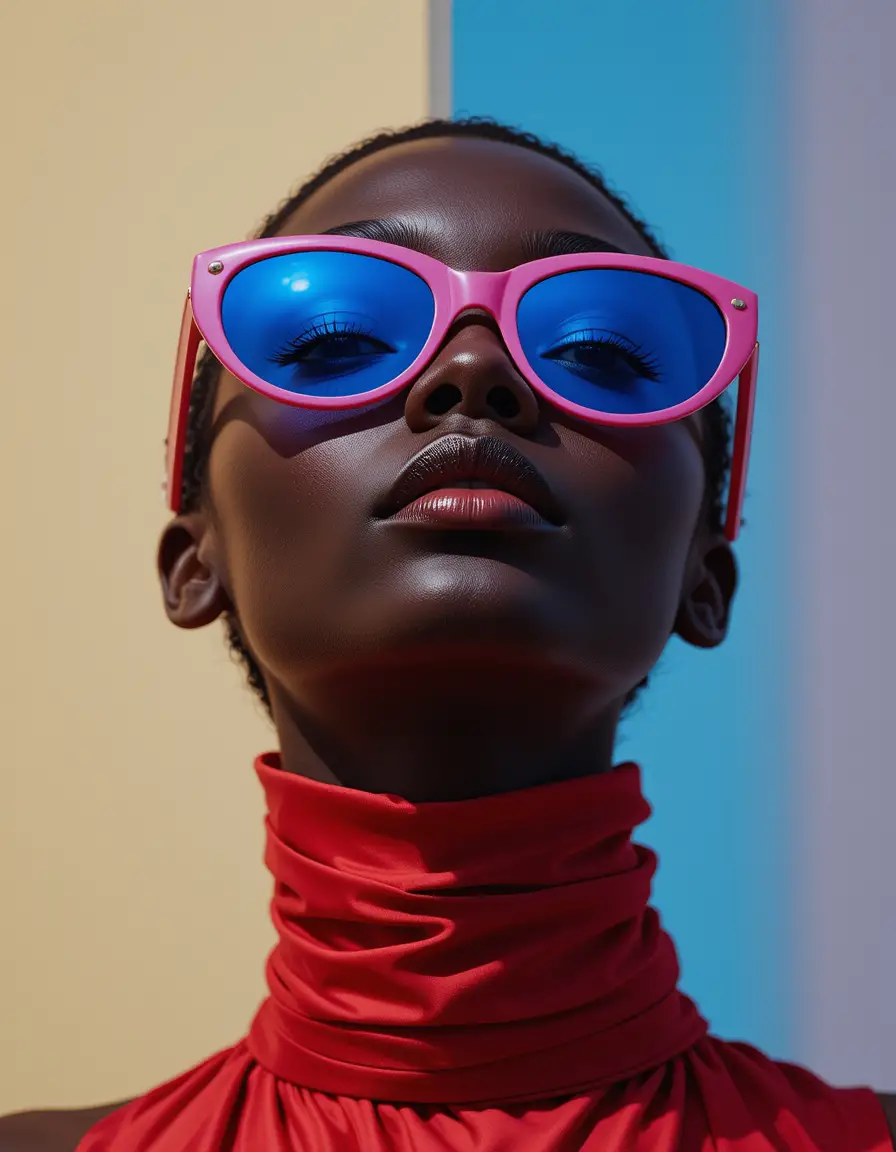 ピンクのサングラスをかけた女性の自信に満ちたファッションポートレート