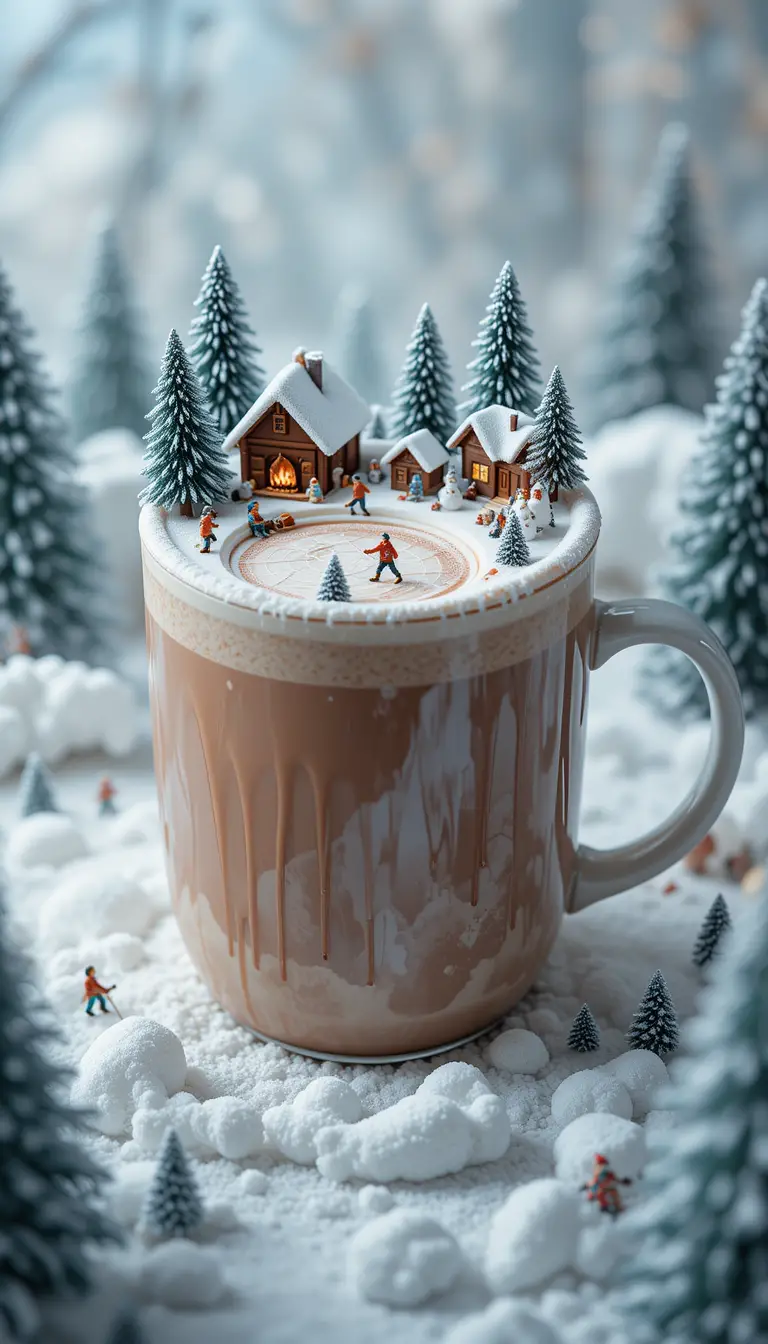 Chocolate quente aconchegante de inverno com vila nevada em miniatura