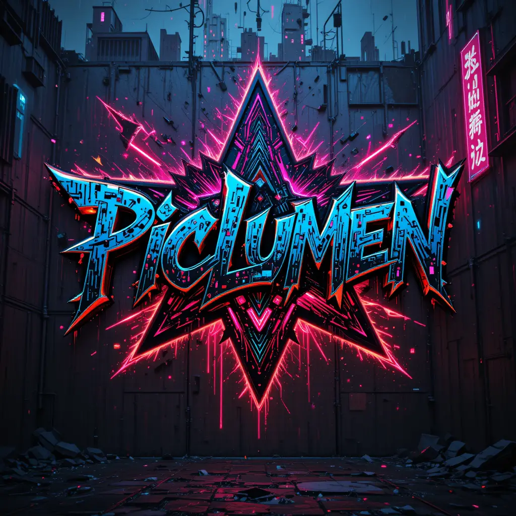 Logotipo cyberpunk em grafite em muro de cidade neon em ruínas