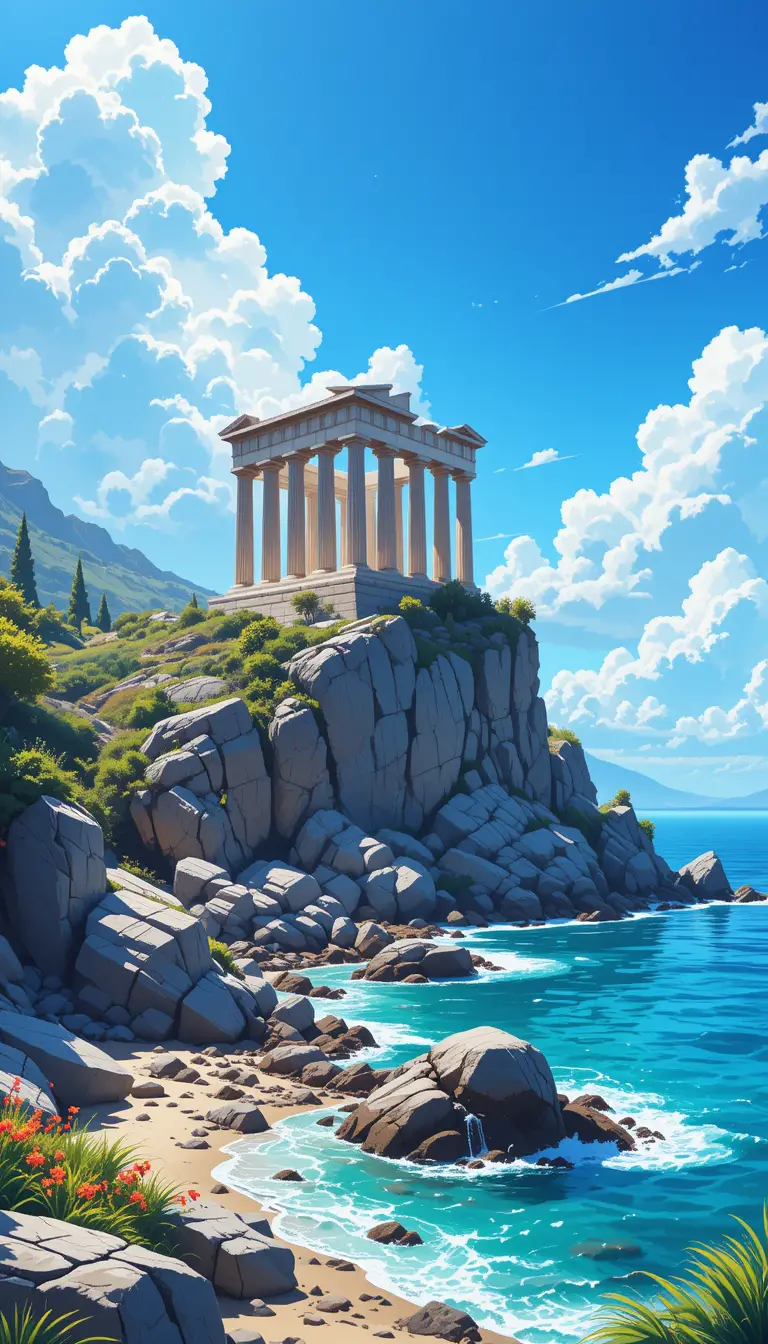 寧靜碧藍海面上的古老懸崖寺廟