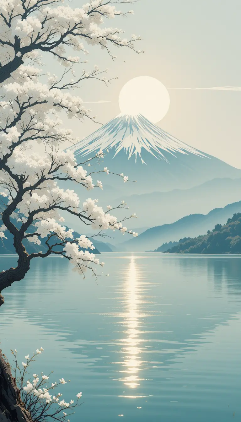 Lac japonais serein avec mont Fuji et arbre en fleurs