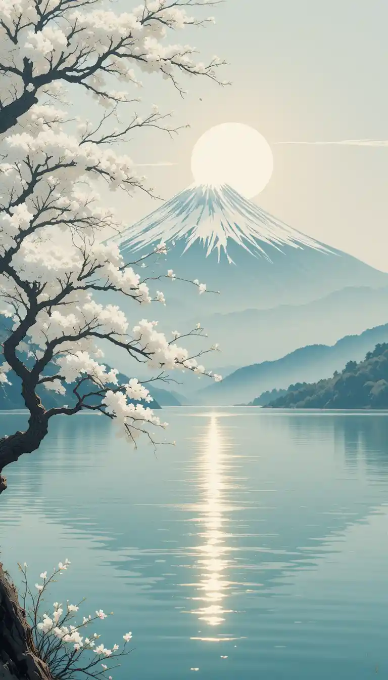 Ruhiger japanischer See mit dem Berg Fuji und blühendem Baum
