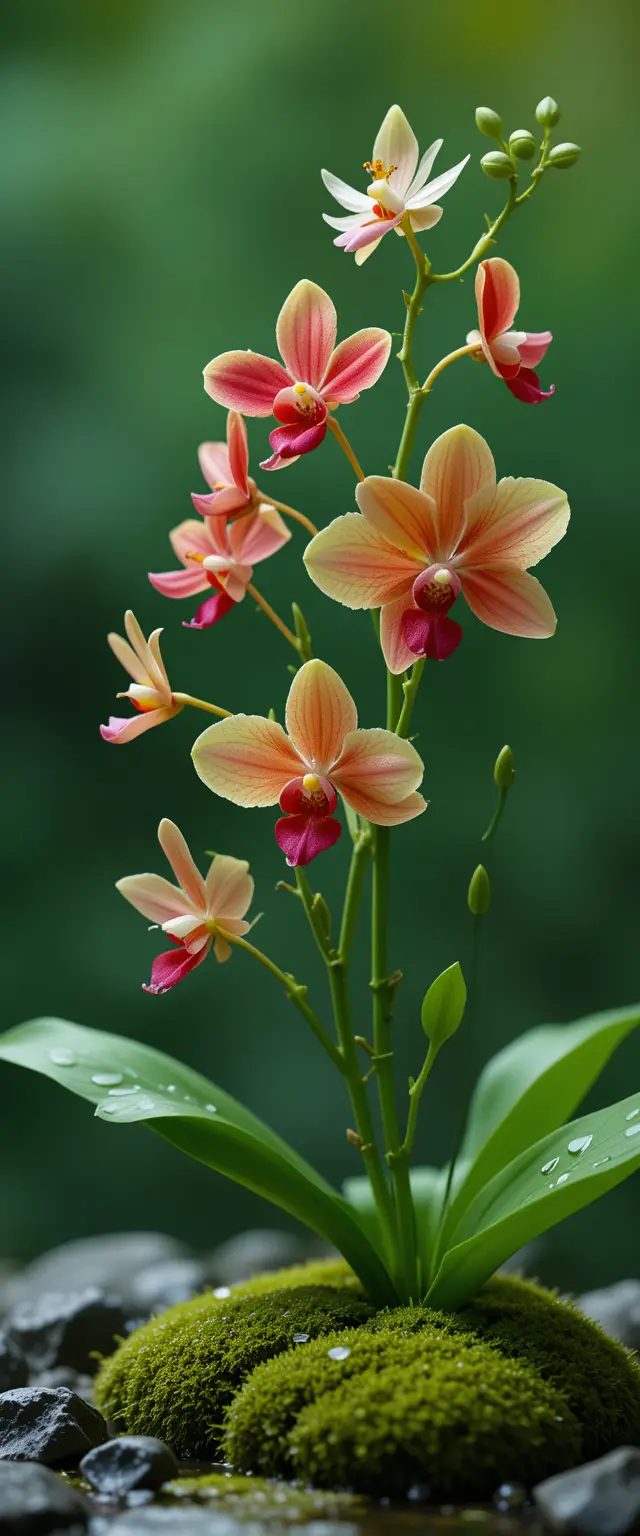 Gros plan d’une orchidée aux fleurs colorées et aux feuilles mouillées