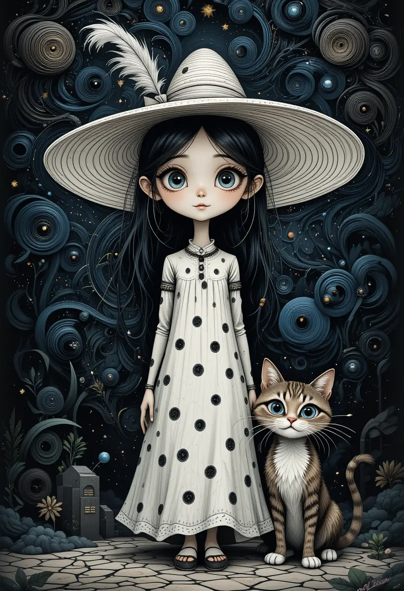 Ragazza sognante e gatto sotto un cielo notturno surreale