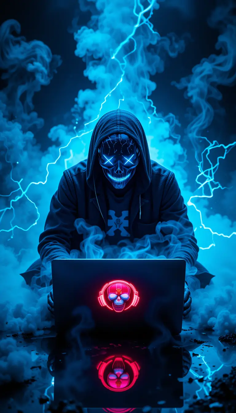 Maskierter Hacker mit neonfarbener Cybermaske im Stil der Dominikanischen Republik