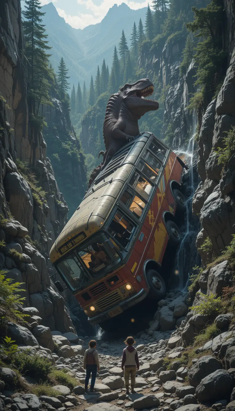 Bus dramatique plongeant dans un ravin avec un dinosaure à l’intérieur