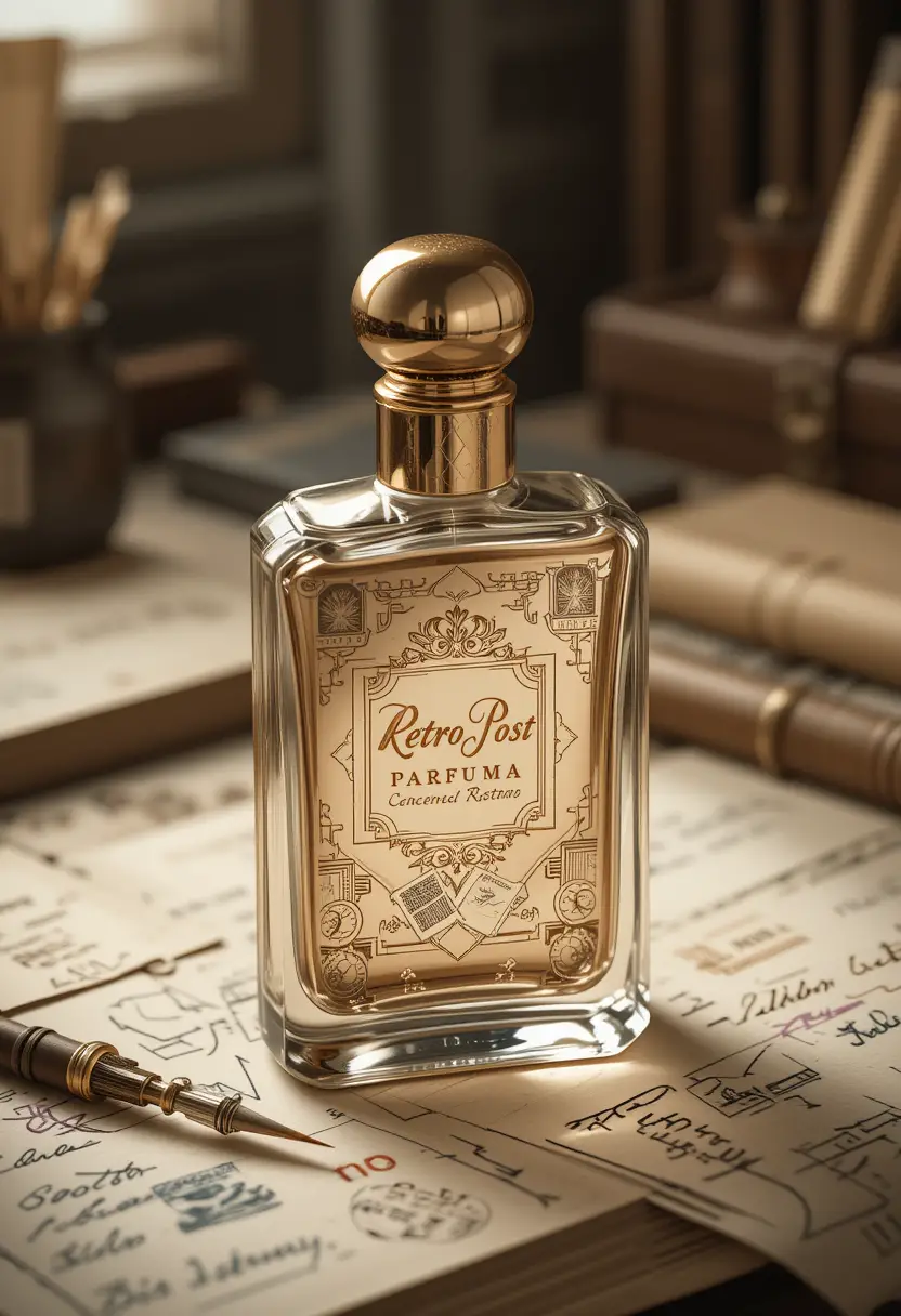 Boccetta di profumo su cartolina vintage su scrittoio nostalgico