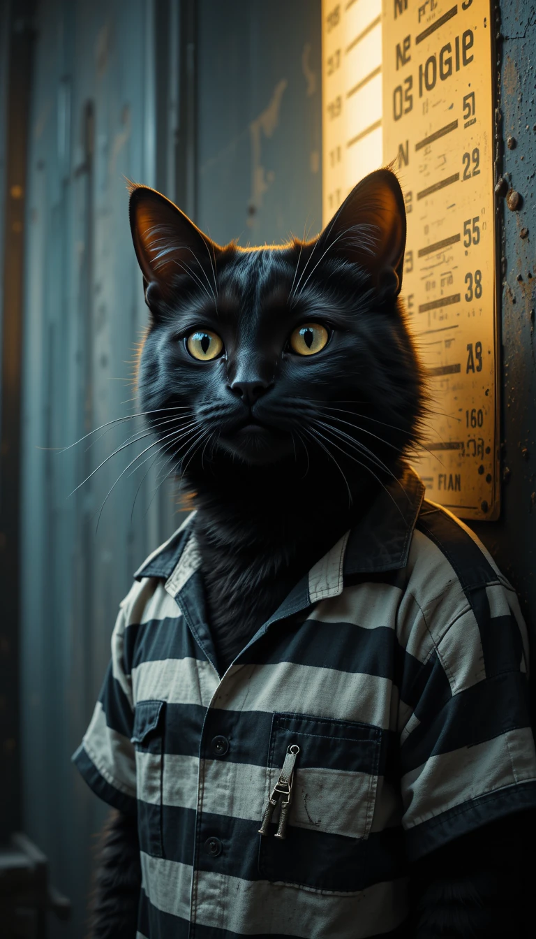 Retrato de ficha criminal de gato preto com uniforme listrado de prisão