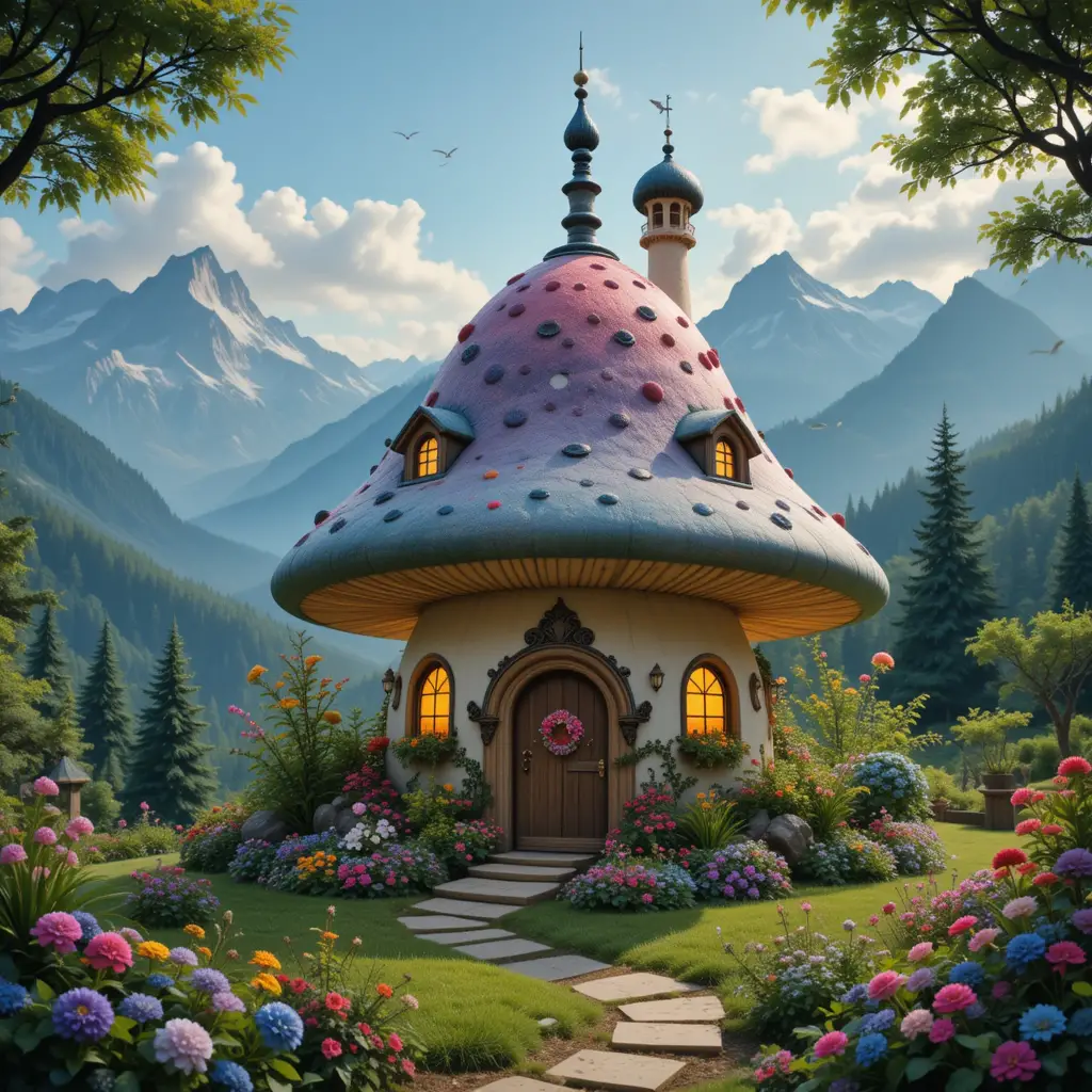 Maison Champignon Fantaisiste dans une Cour de Montagne Luxuriante