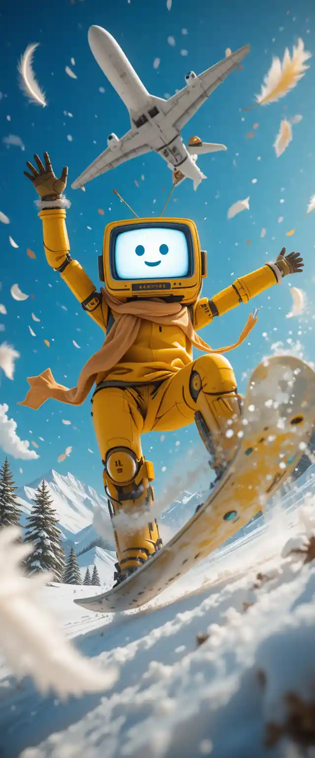 雪山の空を跳ぶ黄色いテレビ頭のロボット