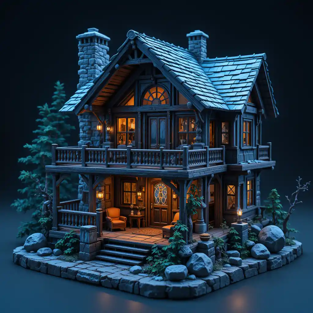 Isometric 3D Diorama Of Luxury Rustic Cabin Interior