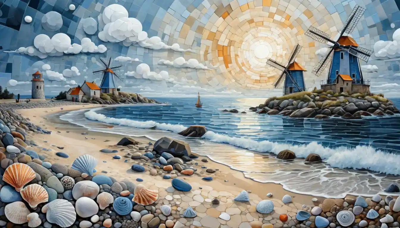 Surreale Windmühlen am Meer mit Muscheln und bunten Steinen