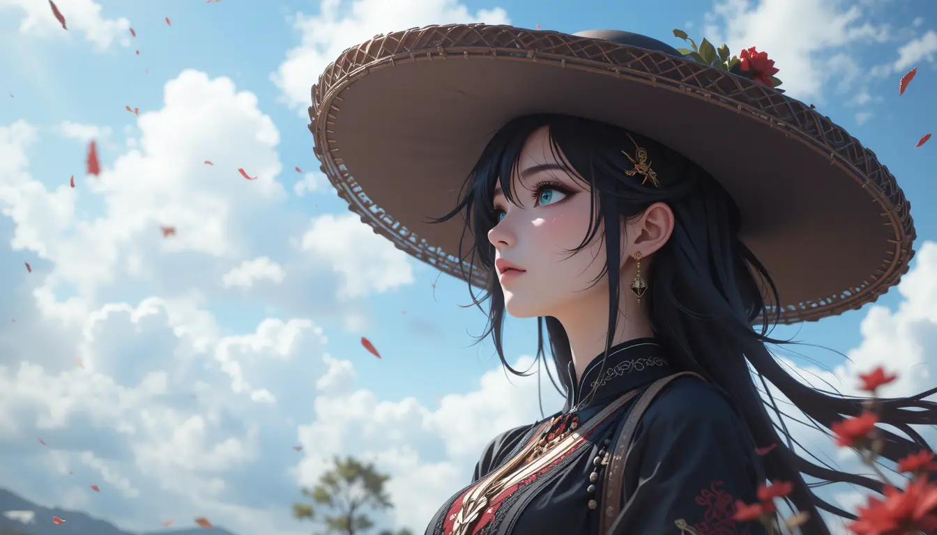 Fille d’anime en robe gothique sentant une rose noire