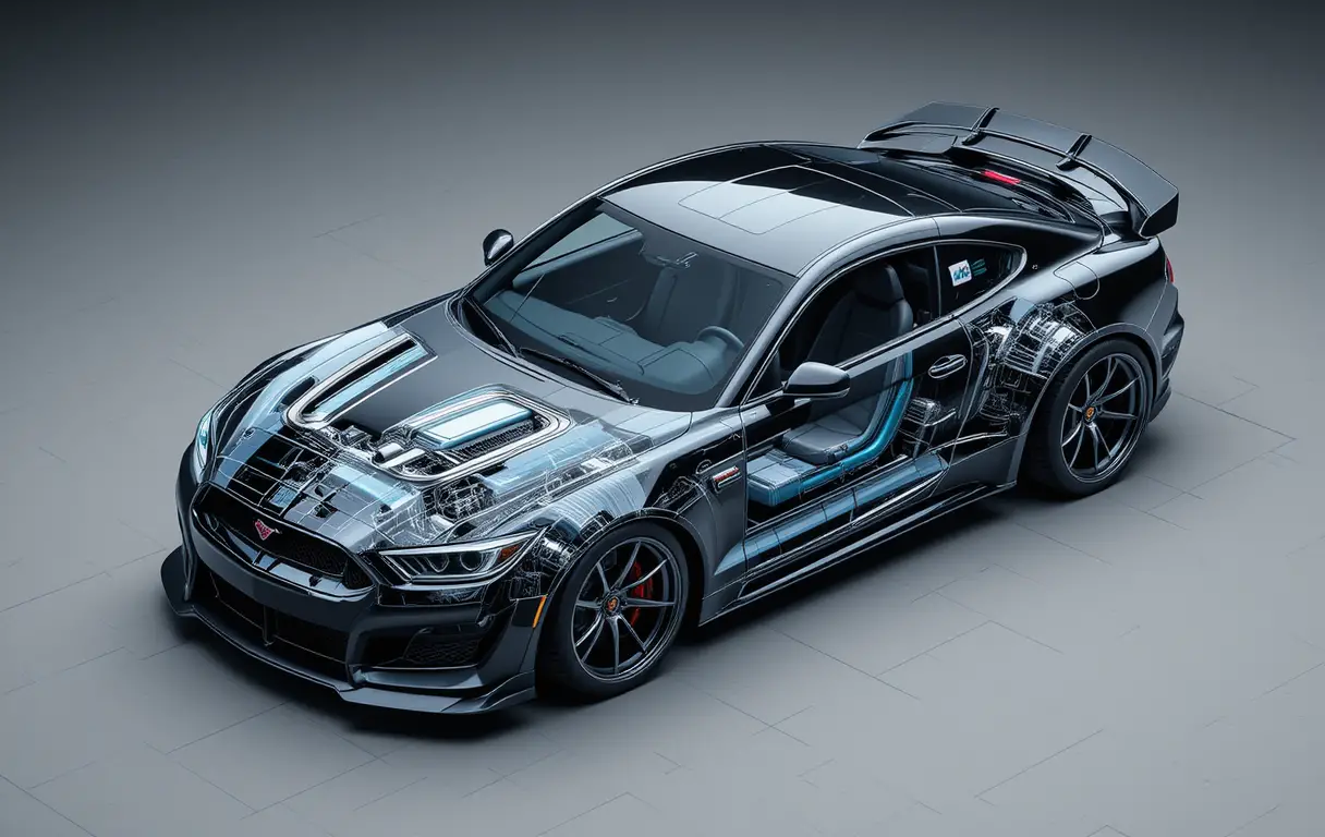 Voiture de sport isométrique avec carrosserie transparente et moteur apparent