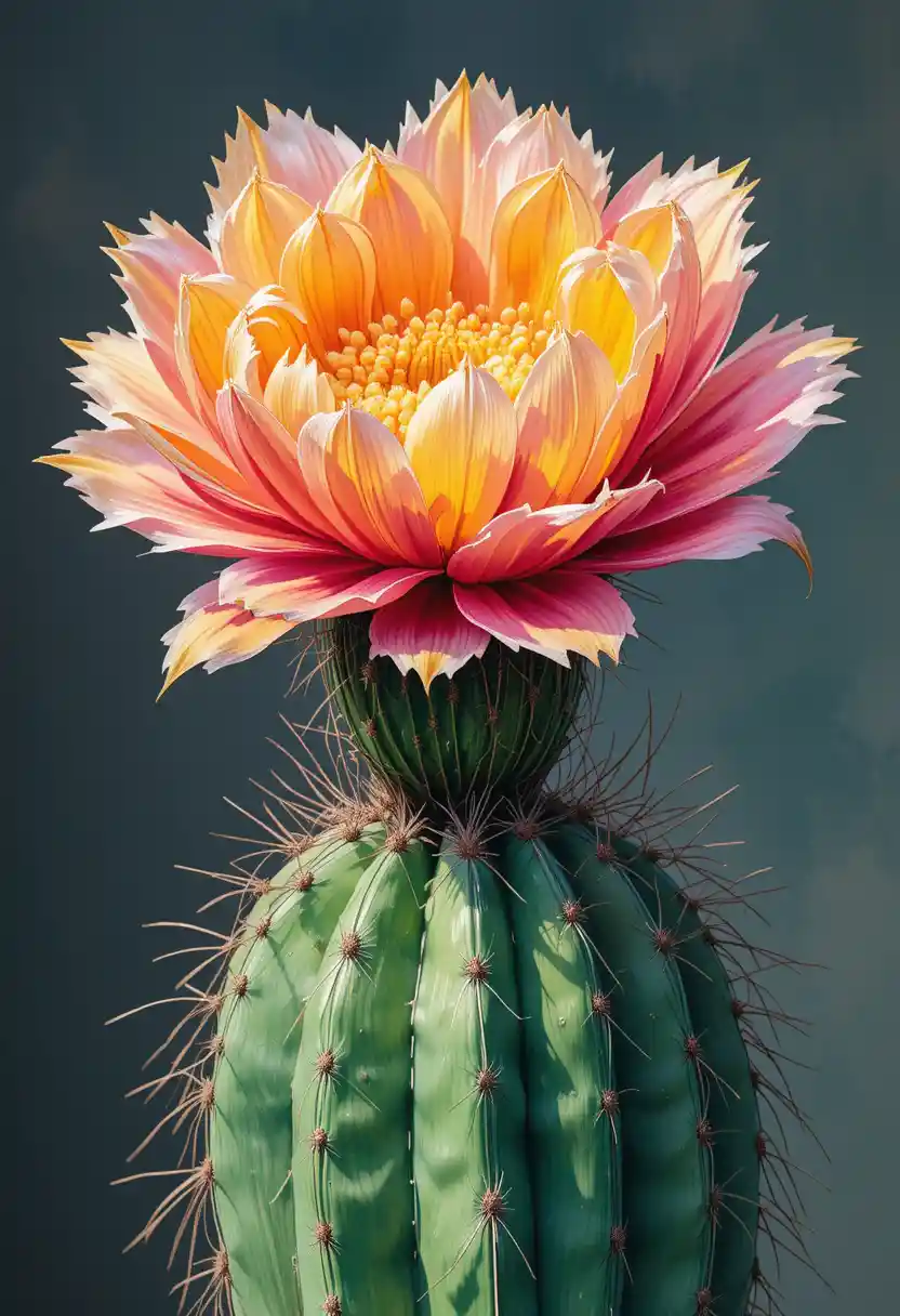 Dipinto colorato di cactus con un unico grande fiore in primo piano