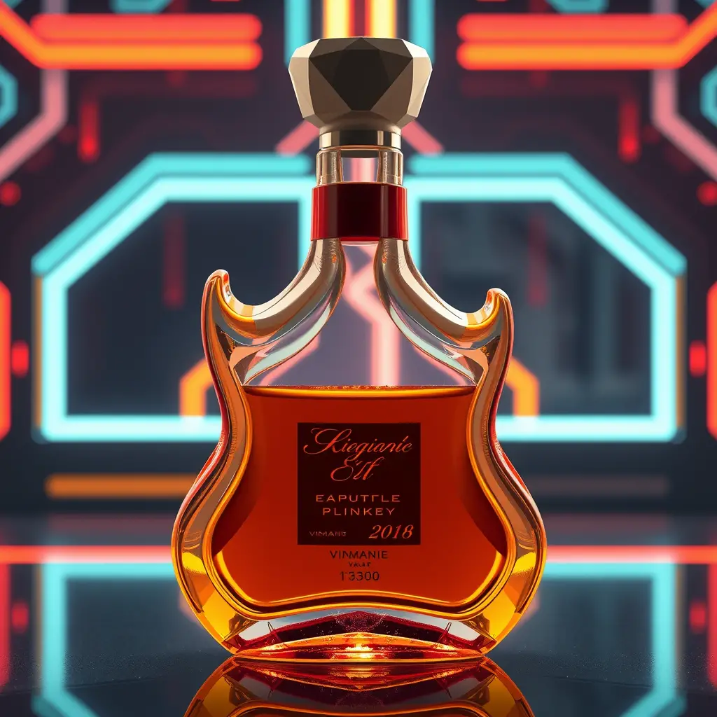 Futuristische, gitarreninspirierte Likörflasche mit neonfarbenem Cyberpunk-Glow