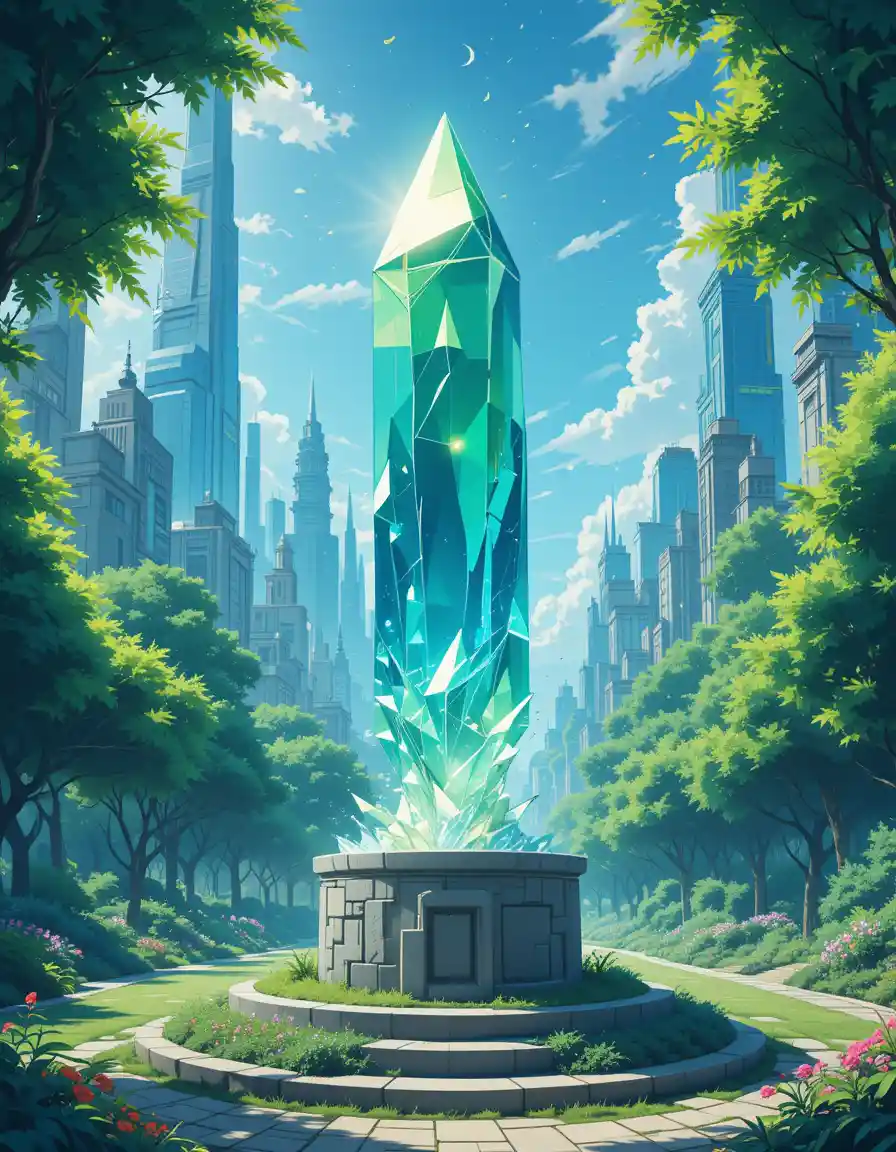 Glowing crystal sculpture in a futuristic city park