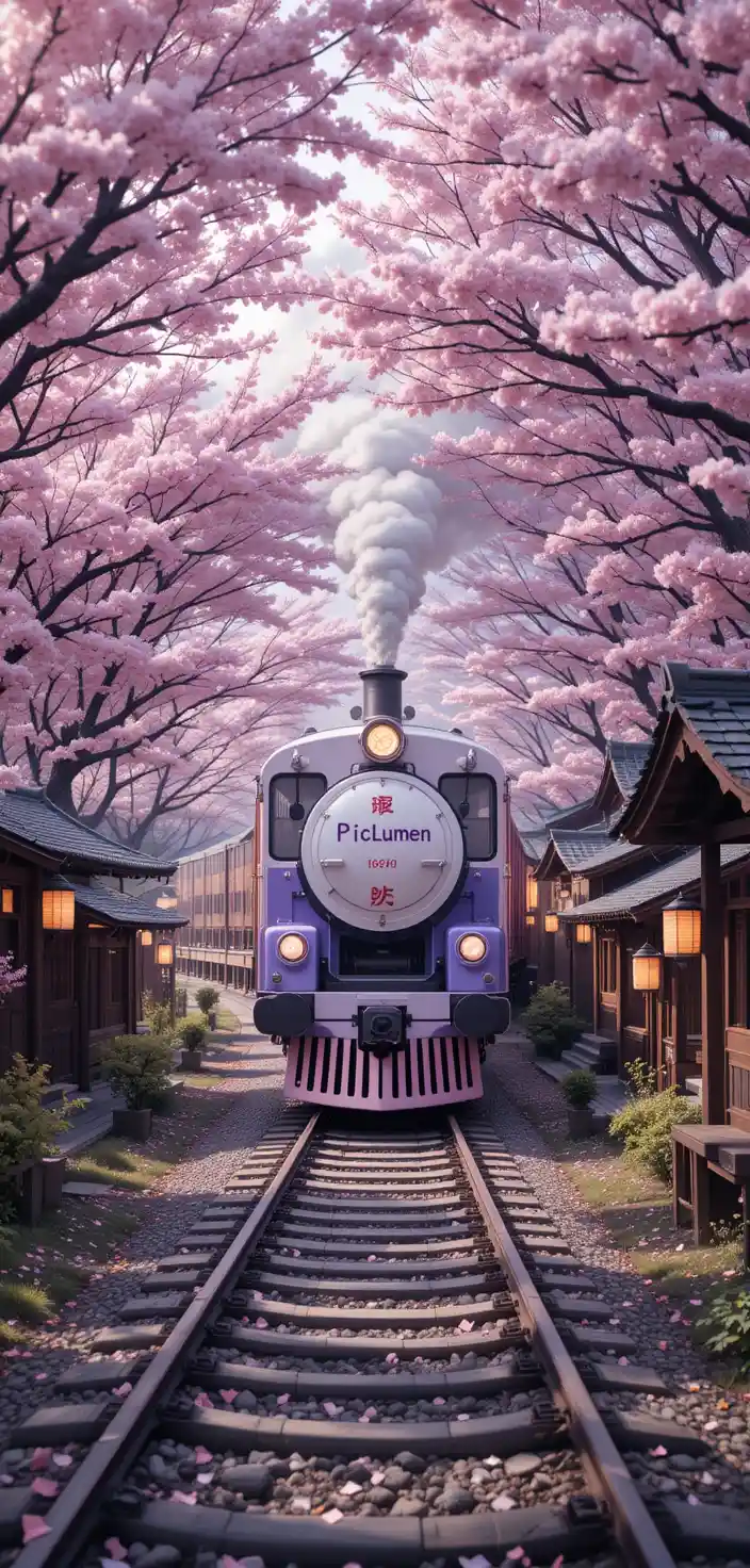 White and purple train passing through blooming sakura tunnel