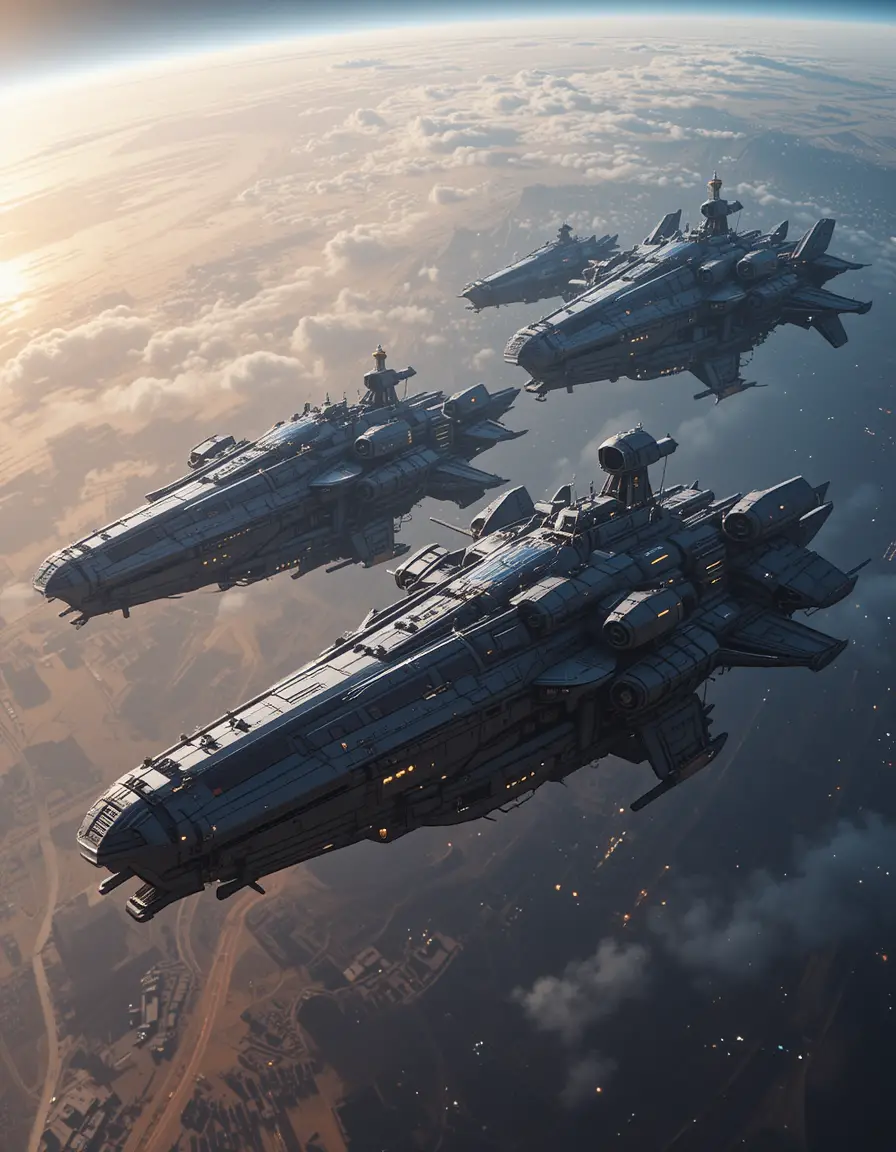 Futuristische Cyberpunk-Schiffe im Orbit eines fernen Planeten