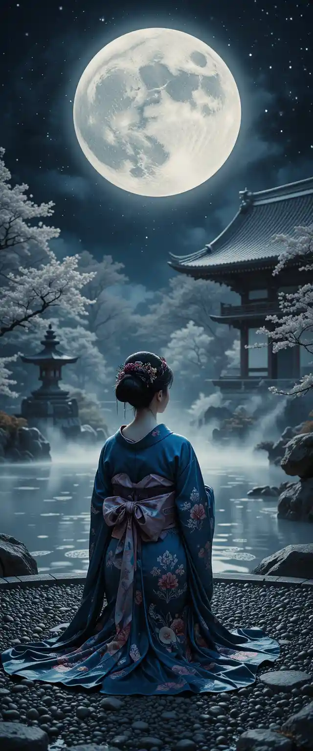 滿月下京都庭園中跪坐的藝伎