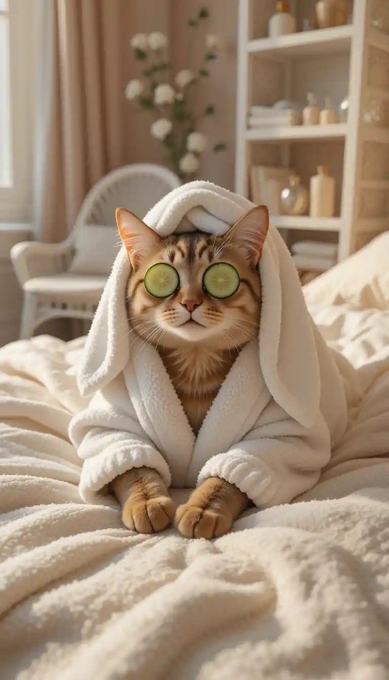 Entspannte Spa-Katze im Bademantel auf gemütlichem Schlafzimmerbett