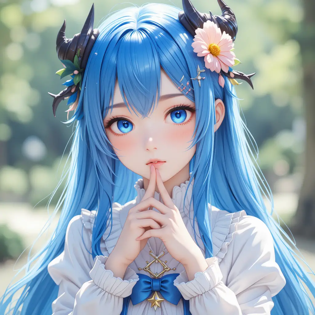 Ragazza anime dai capelli blu con abito bianco a balze all'aperto