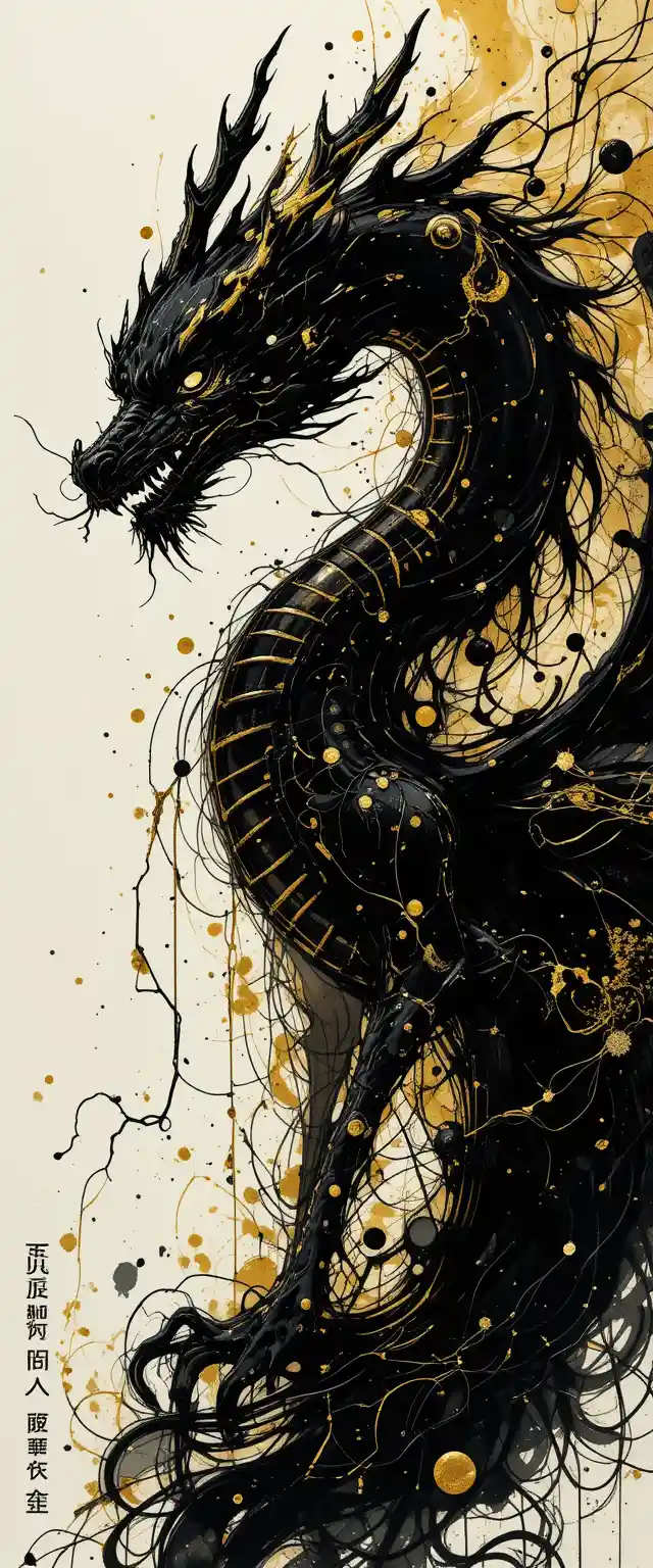 Majestic black dragon in dramatic Japanese ink painting