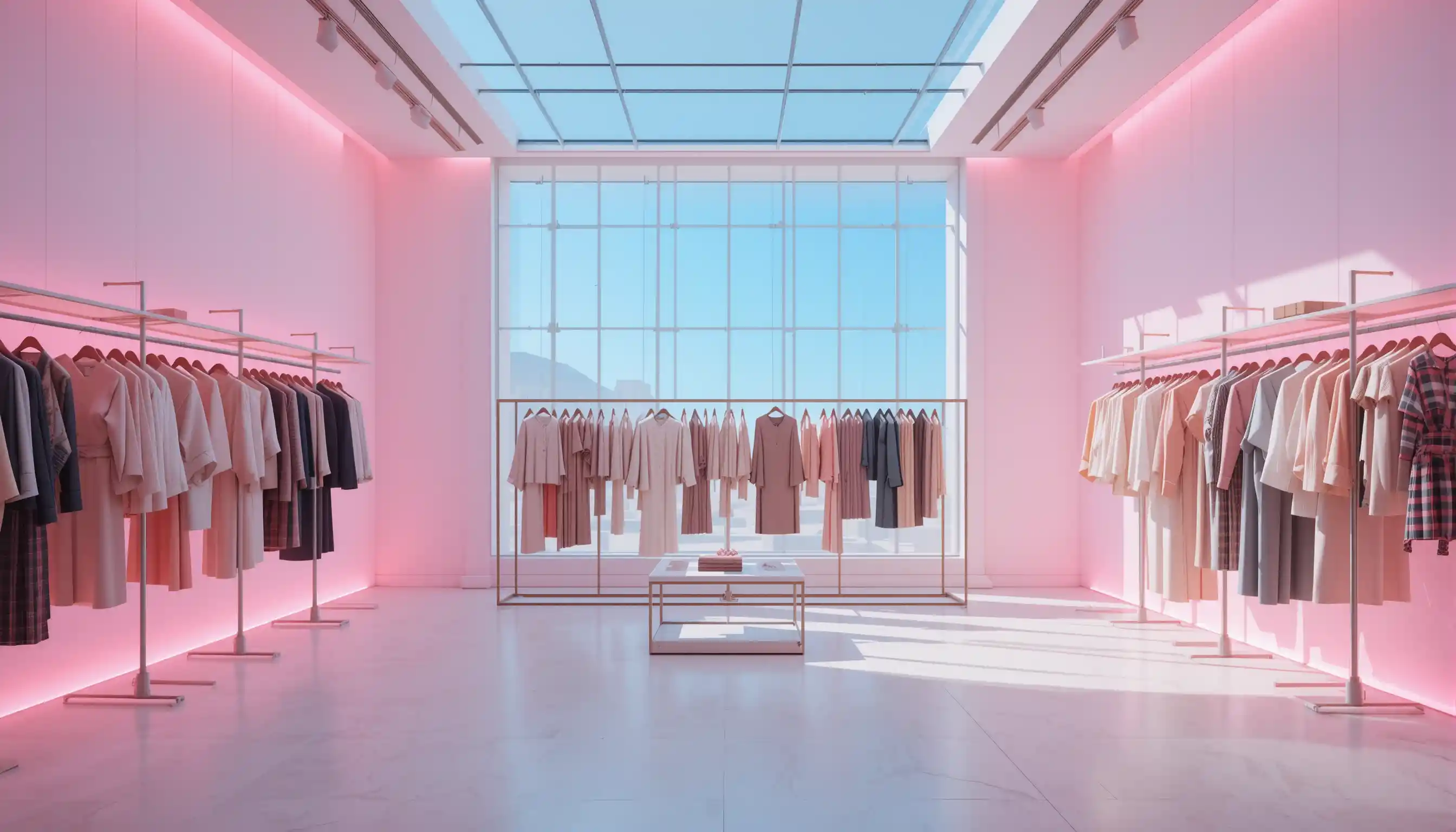 Minimalistischer Fashion-Showroom mit sanfter rosa Ambientebeleuchtung