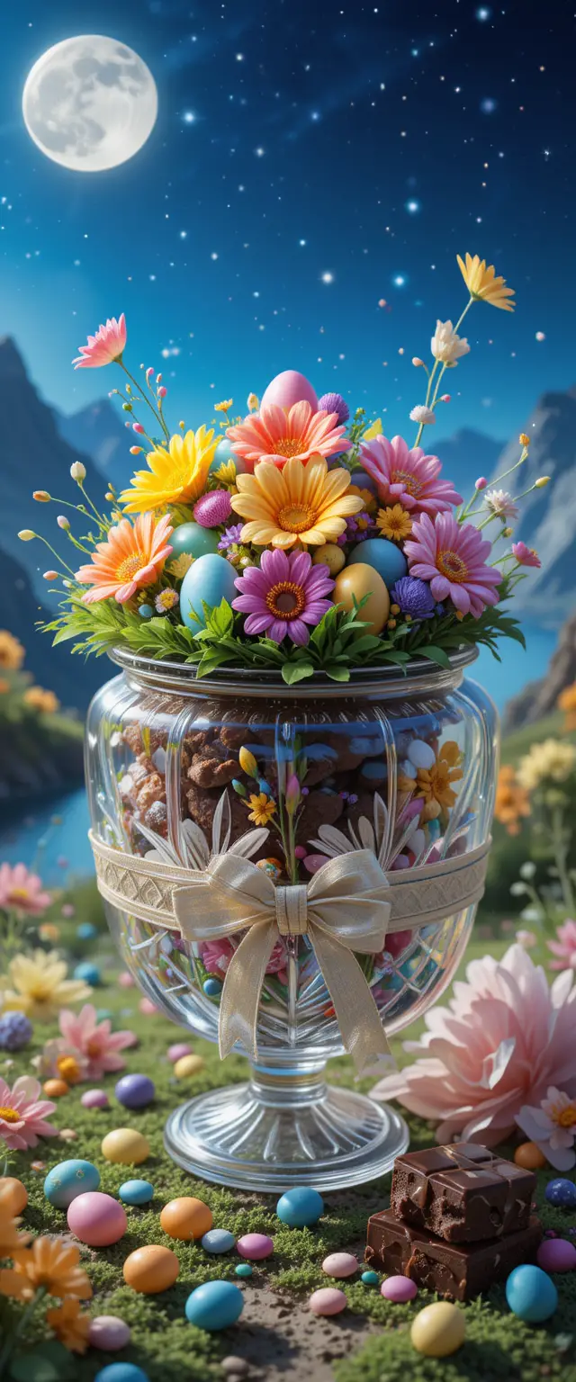 Festlicher Oster-Cupcake mit Blumen am Meer in der Nacht