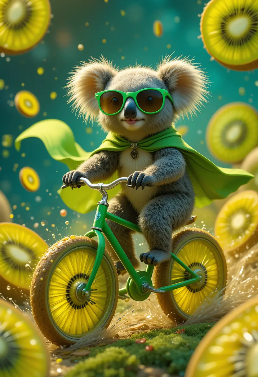 Cute koala on kiwi bike in a whimsical fantasy world