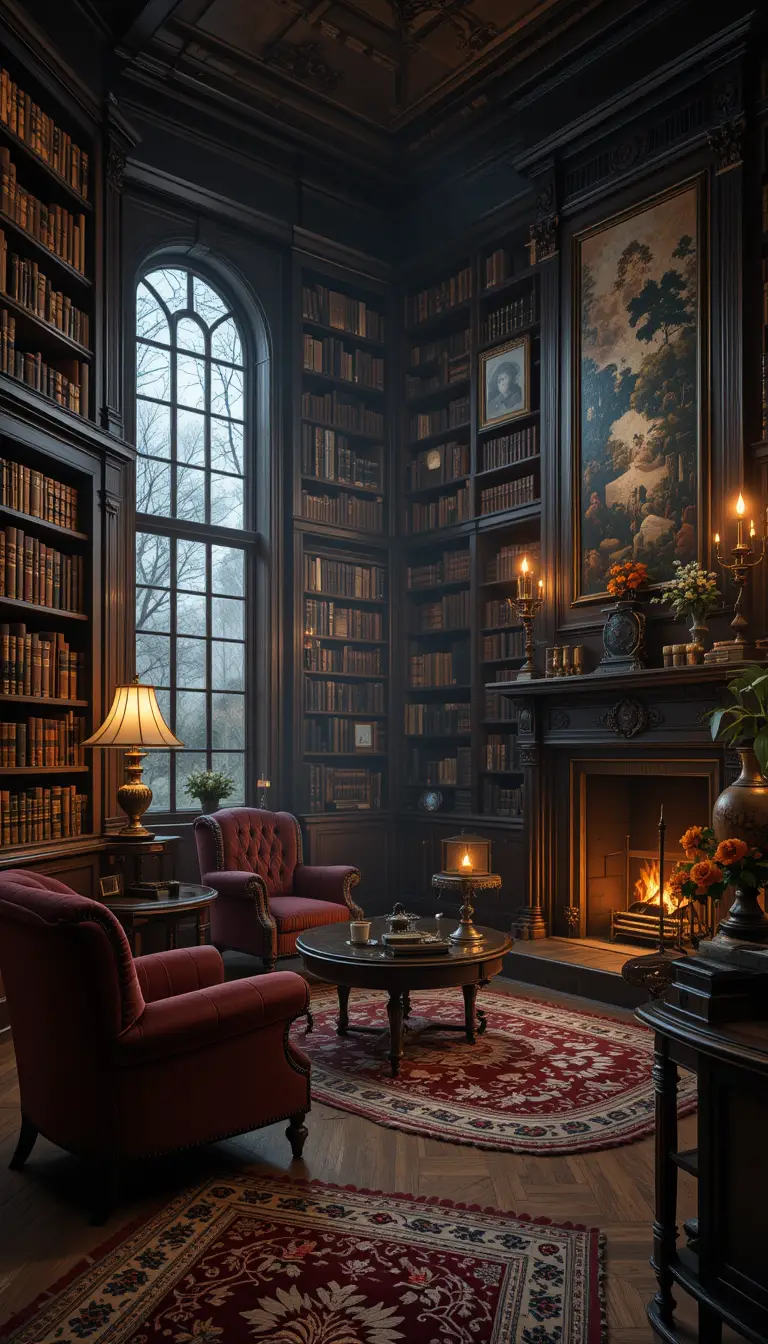 Cozy Victorian library interior with warm lamplight