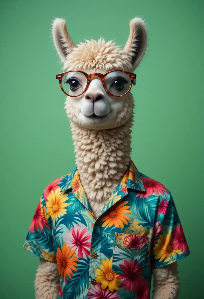 Funny alpaca in colorful hawaiian shirt and glasses