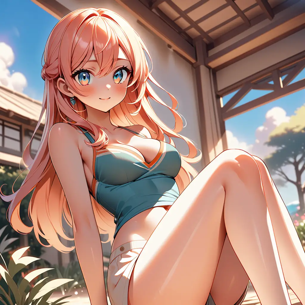 Femme d’anime mince en haut bleu dans une scène extérieure chaude
