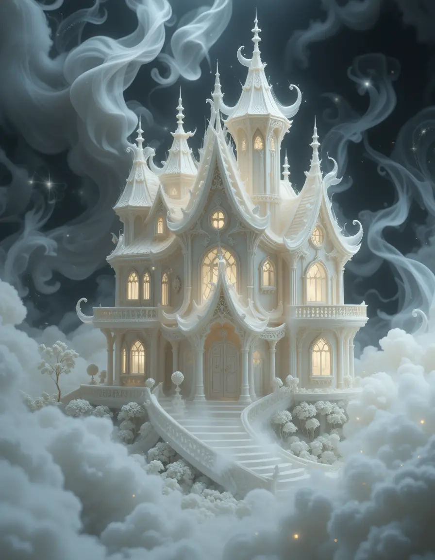 Maison d’Ivoire de Fantaisie Éthérée dans une Douce Brume Mystique