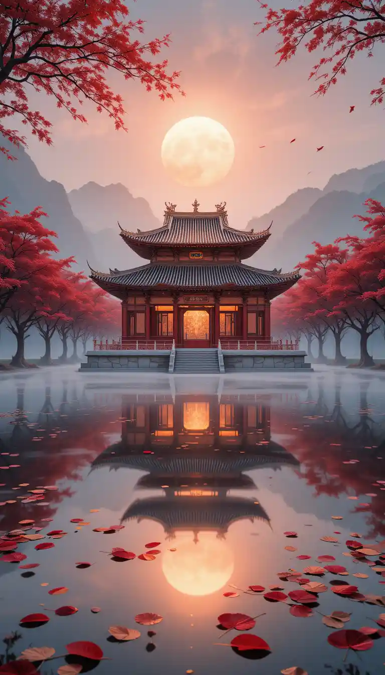 倒映在靜謐湖畔的傳統中式寺廟