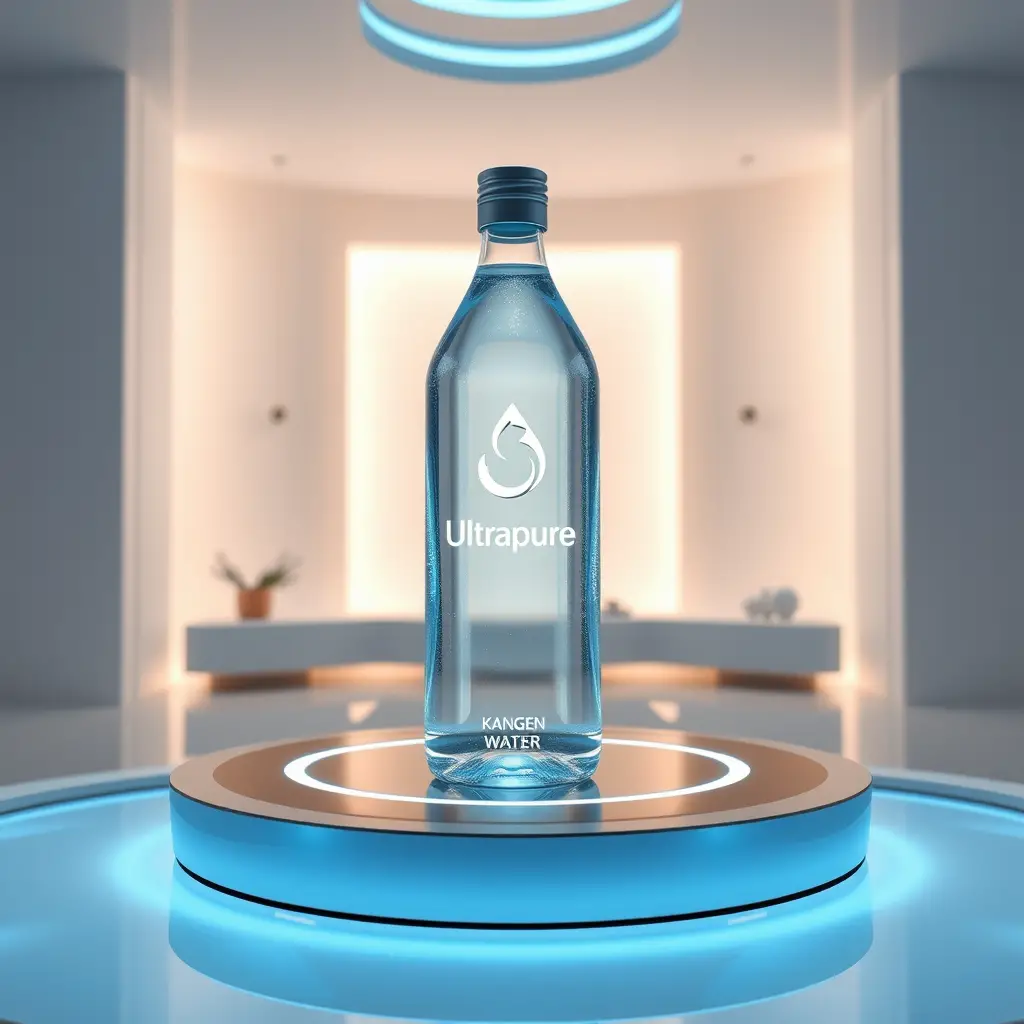 Bouteille d’eau en cristal futuriste sur une plateforme haute technologie