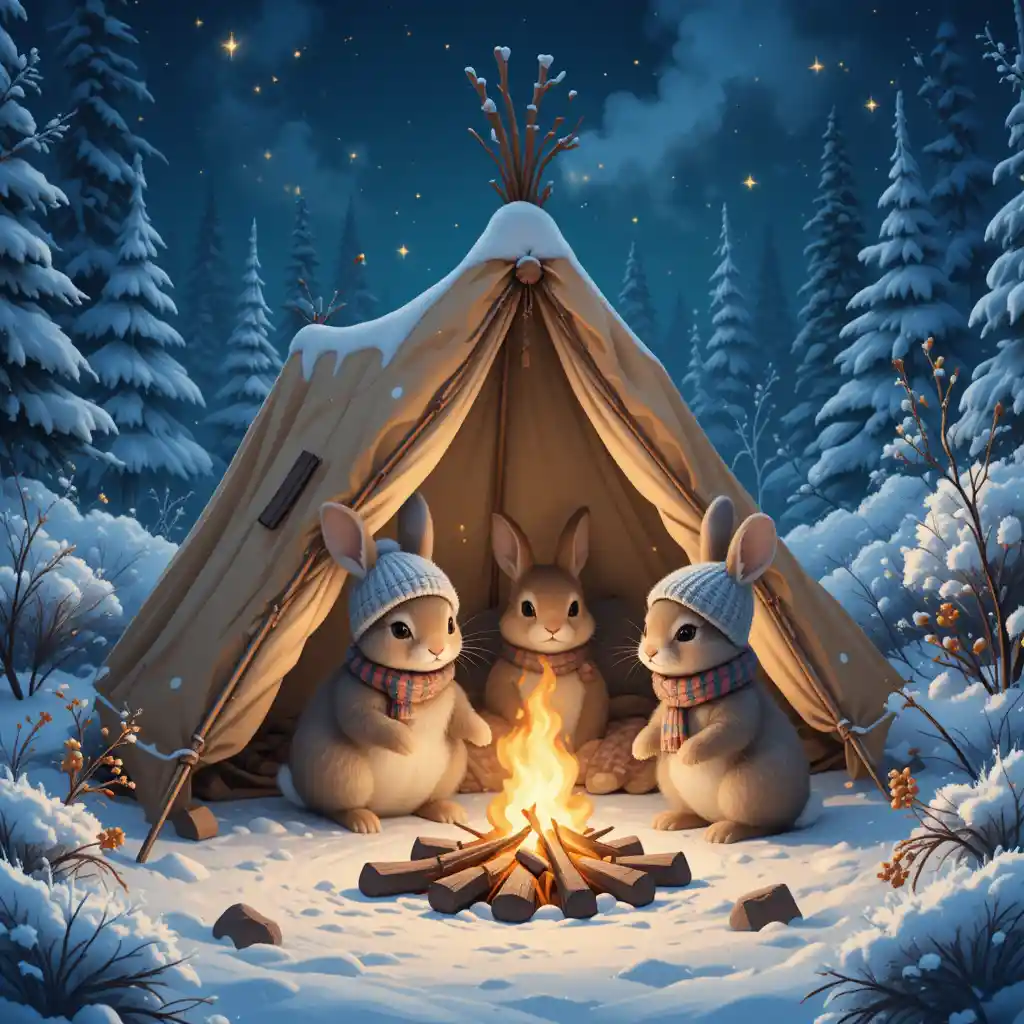 Rabbit family camping by a winter forest campfire