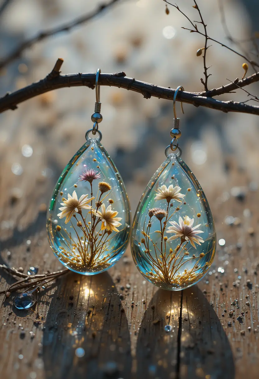 Macro earrings with dried flowers on a sunlit table